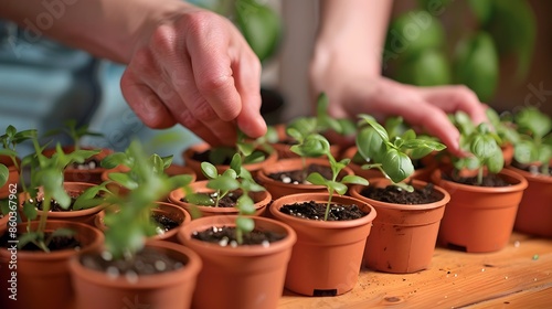 Planting Seeds: Hands planting seeds in small pots, starting a new garden indoors.