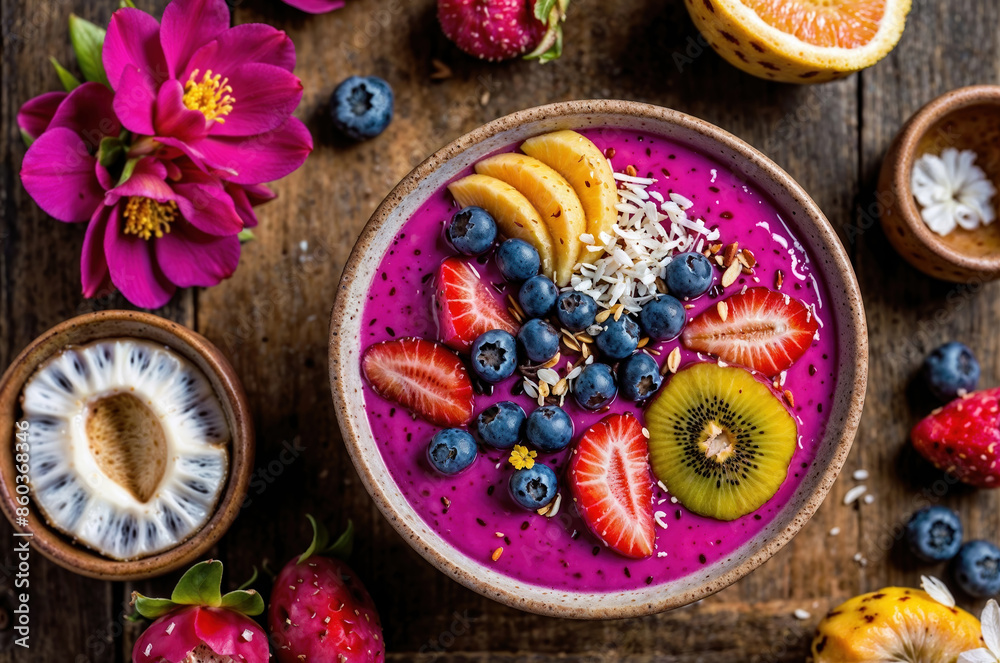 Vibrant smoothie bowl made with dragon fruit, topped with fresh fruit and coconut flakes, perfect for a healthy breakfast or snack