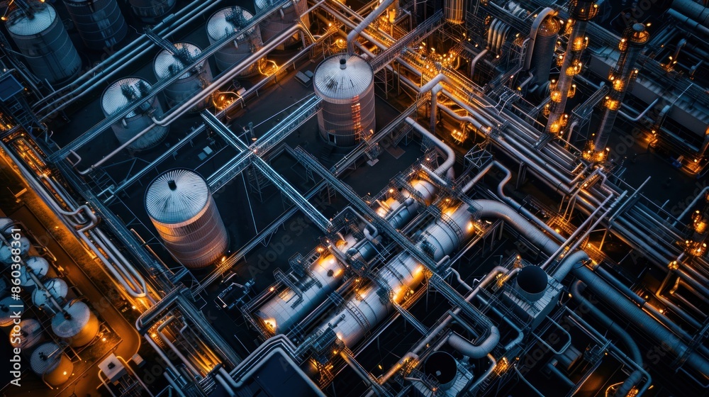 Intricate Nuclear Fuel Reprocessing Facility with Complex Machinery and Chemical Tanks in Minimalist High-Contrast Style. Intricate Nuclear Fuel Reprocessing Facility with Complex Machinery and Chemical Tanks in Minimalist High-Contrast Style.