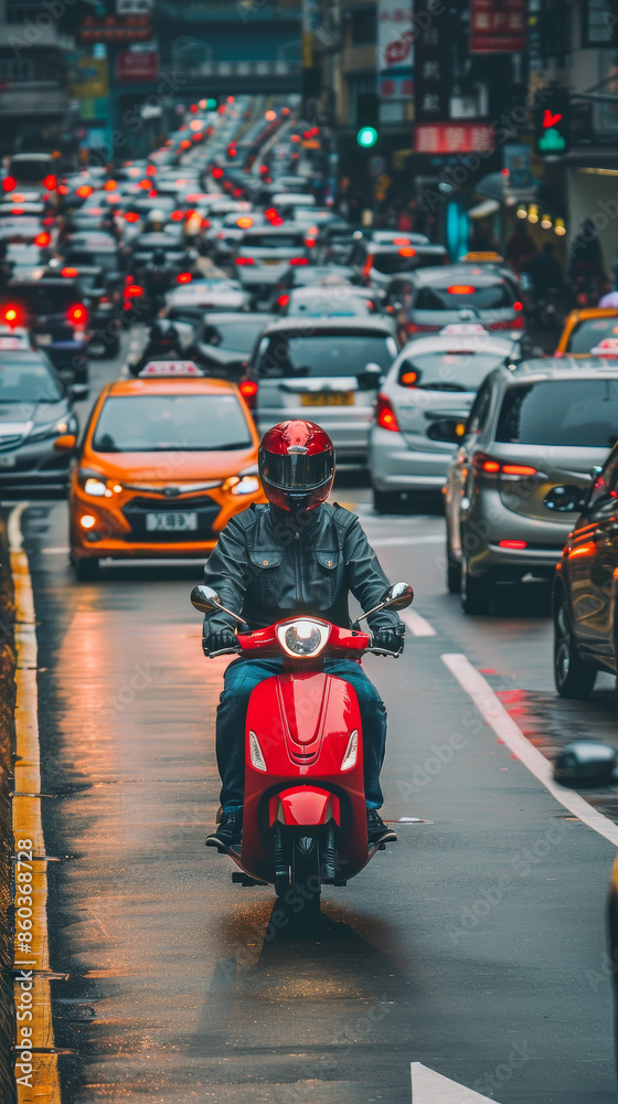 Obraz premium Rider on a motorcycle in a vibrant neon city at night, symbolizing urban life, speed, nightlife, modern transportation