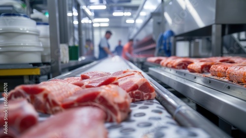 The production line in the food factory specializes in the manufacturing of meat-based food products.