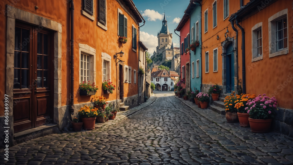 Fototapeta premium Cobblestone street leading to medieval castle with colorful houses