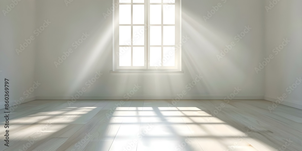 Serene Scene Empty Room with Single Beam of Light Casting Window Shadow. Concept Minimalist Interiors, Natural Light Photography, Shadow Play, Serene Home Decor Serene Scene Empty Room with Single Beam of Light Casting Window Shadow. Concept Minimalist Interiors, Natural Light Photography, Shadow Play, Serene Home Decor