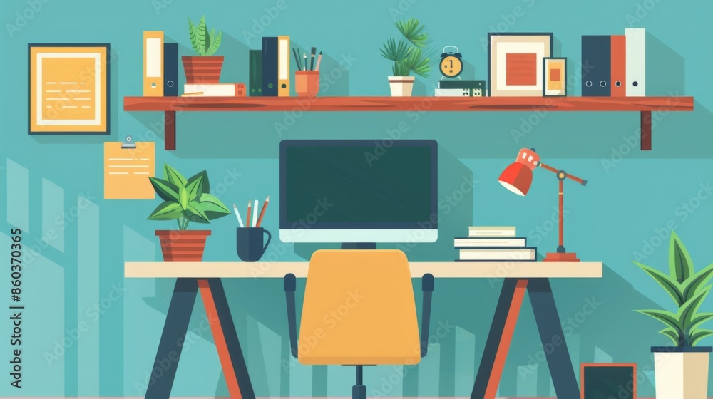 270. Home office with a desk, computer, and office supplies
