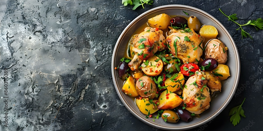 Savory Chicken Fricassee with Potatoes and Olives. Concept Chicken Fricassee Recipe, Savory Chicken Dish, Potato and Olive Fricassee, Comforting Dinner Recipe Savory Chicken Fricassee with Potatoes and Olives. Concept Chicken Fricassee Recipe, Savory Chicken Dish, Potato and Olive Fricassee, Comforting Dinner Recipe