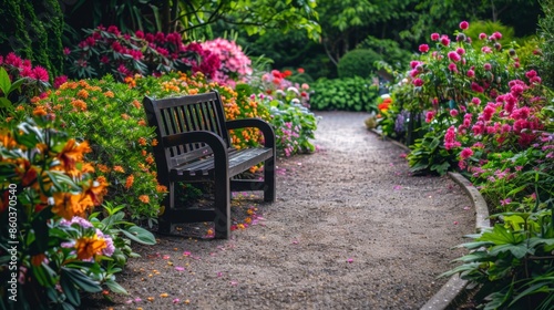 Fototapeta Naklejka Na Ścianę i Meble -  268. Outdoor garden with a bench and blooming flowers