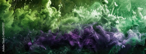 abstract background explosion of green and purple ink paint in water on a black background