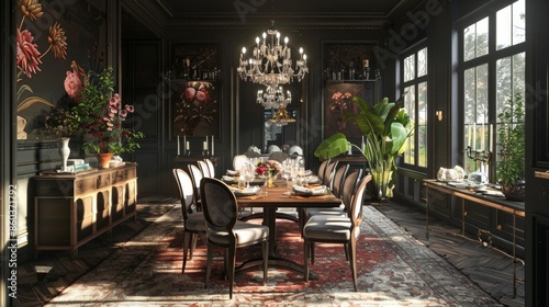 260. Dining room with a set table, chairs, and chandelier © Wiwat