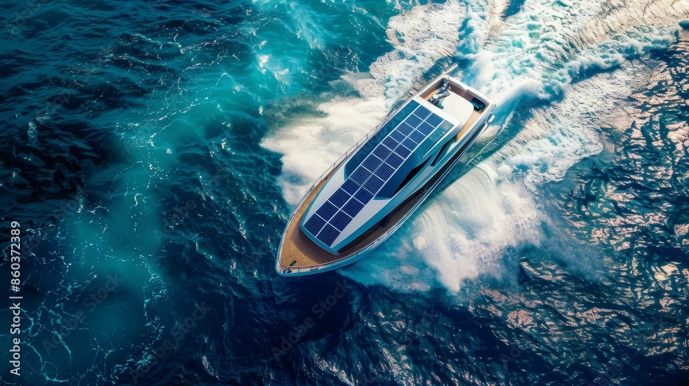 Fototapeta premium A boat with solar panels on the top is sailing in the ocean generated by AI
