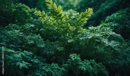 Lush green foliage thriving in the dense vibrant forest