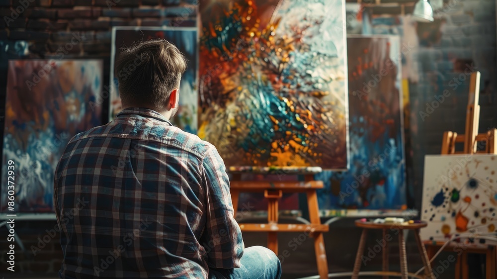 Caucasian man painting abstract art in studio with creative atmosphere Caucasian man painting abstract art in studio with creative atmosphere
