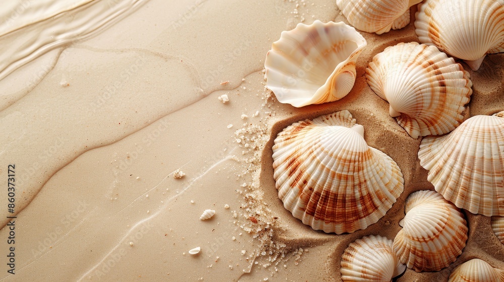 Variety of seashells on sandy beach. Suitable for coastal and summer-themed designs. Variety of seashells on sandy beach. Suitable for coastal and summer-themed designs.