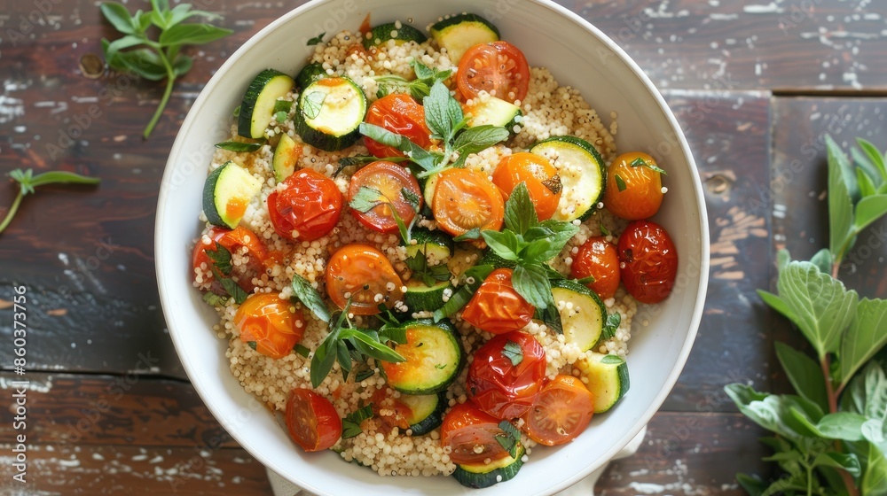 A bowl of vegetable couscous with roasted cherry tomatoes, zucchini, and fresh herbs A bowl of vegetable couscous with roasted cherry tomatoes, zucchini, and fresh herbs