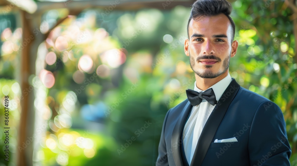 Portrait of handsome young man in tuxedo at wedding ceremony, blurred garden background Portrait of handsome young man in tuxedo at wedding ceremony, blurred garden background