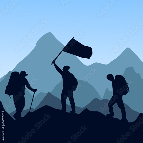 Silhouette group of young man celebrating success on top mountain, sky and sun light background. Business, teamwork, achievement and people concept. Vector illustration.