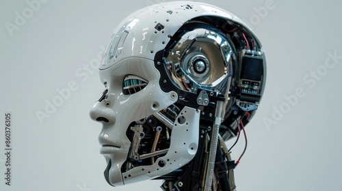 A robotic head with exposed circuitry. The intricate design of the machine is visible. © sania