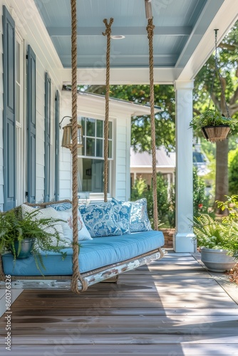 Front Porch with Natural Wood Flooring and Oversized Blue Bench Swing