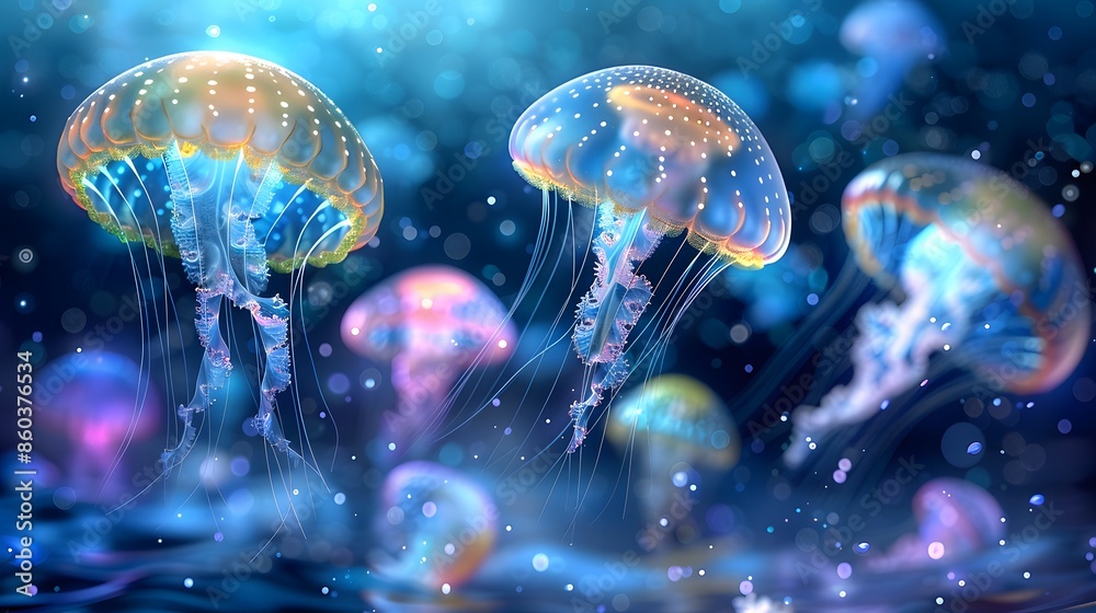 An ethereal view of a school of shimmering jellyfish, their translucent bodies glowing softly as they drift through the deep blue waters, creating a mesmerizing and otherworldly scene. An ethereal view of a school of shimmering jellyfish, their translucent bodies glowing softly as they drift through the deep blue waters, creating a mesmerizing and otherworldly scene.