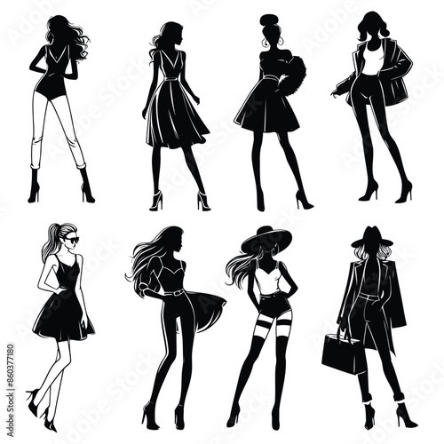 Set of Vector SVG Fashion Girls Silhouettes Sublimation collection in different poses on white background