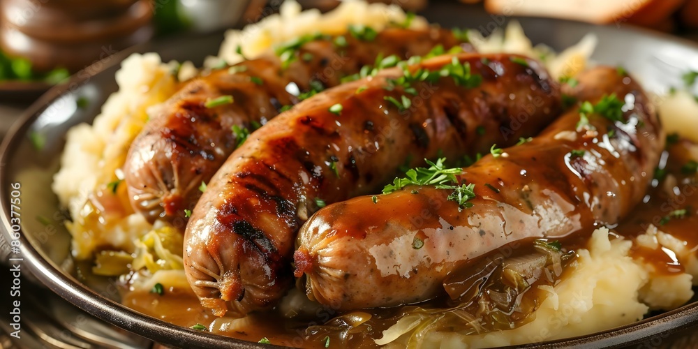 Classic Bangers and Mash Sausage, Mashed Potatoes, Cabbage, and Gravy. Concept British Cuisine, Comfort Food, Savory Sausages, Creamy Mashed Potatoes, Hearty Bangers and Mash Classic Bangers and Mash Sausage, Mashed Potatoes, Cabbage, and Gravy. Concept British Cuisine, Comfort Food, Savory Sausages, Creamy Mashed Potatoes, Hearty Bangers and Mash