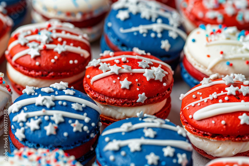 A stack of macarons decorated with sprinkles and stars in red, white, and blue colours of American flag © Vitalii