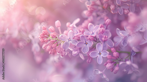 Beautiful Wide Angle soft spring background with lilac flowers Panoramic pastel floral pink and purple template Web banner greeting card with Copy Space : Generative AI