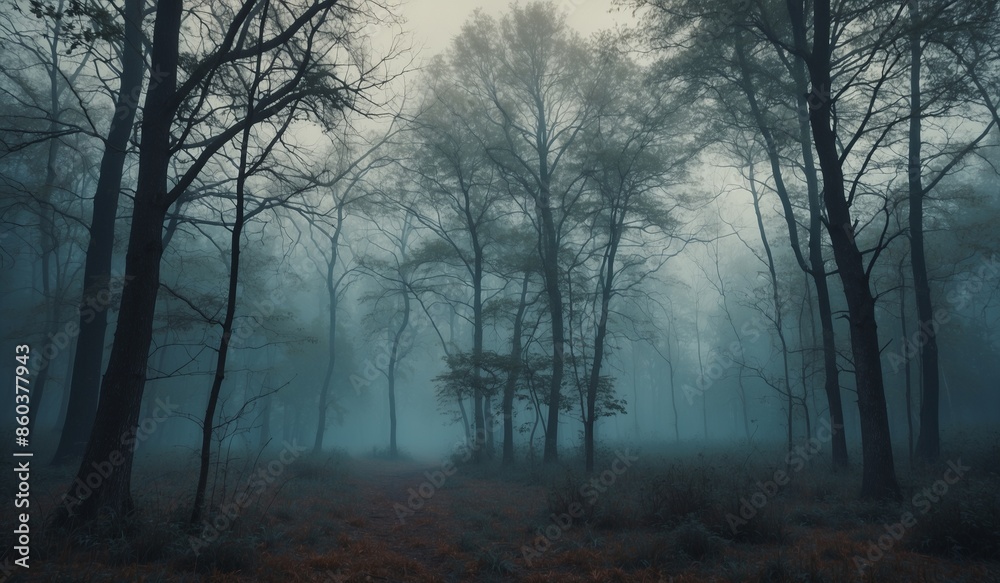 Misty forest with tall trees creating an eerie atmosphere. Misty forest with tall trees creating an eerie atmosphere.