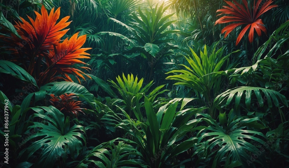 Lush tropical jungle with exotic red and green foliage Lush tropical jungle with exotic red and green foliage