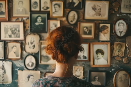 tracing ancestry through dna woman hangs old family photos on wall generational legacy concept photo