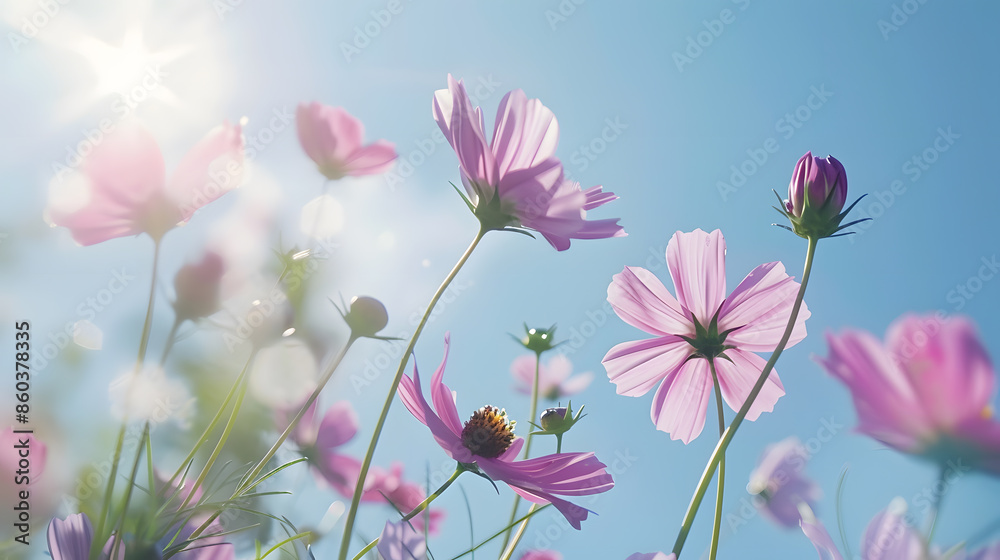 Pink cosmos flowers with blue sky : Generative AI Pink cosmos flowers with blue sky : Generative AI