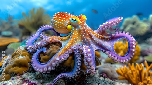 A close-up of a colorful octopus camouflaging itself among corals and rocks, highlighting the adaptive features and diversity within marine biodiversity. photo