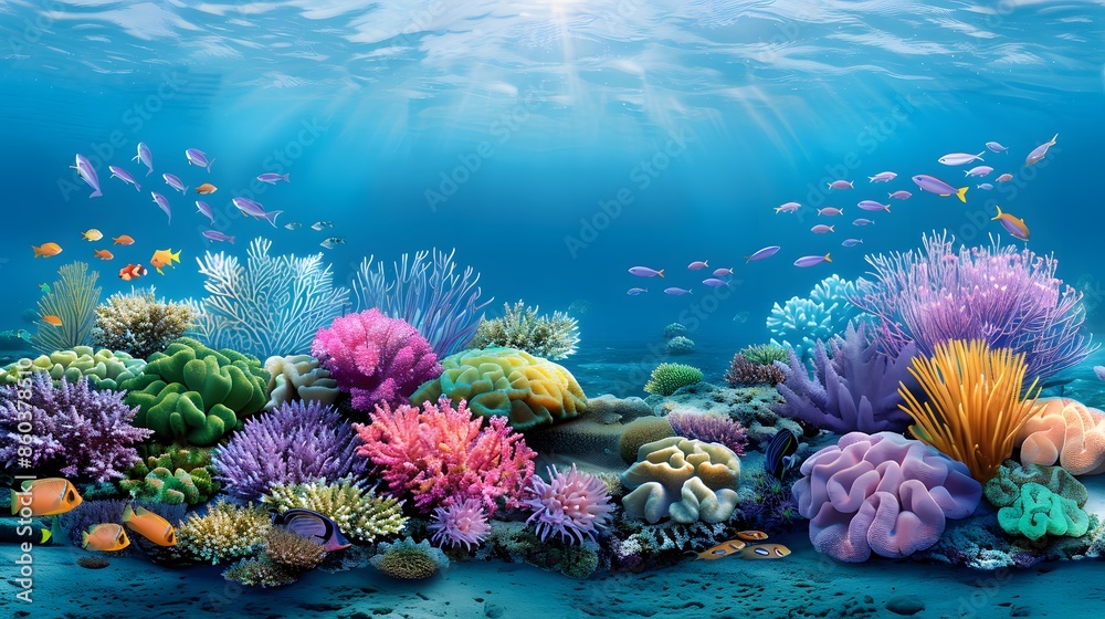 A wide-angle view of a pristine coral reef with a variety of corals and tropical fish swimming gracefully, capturing the serene and mesmerizing underwater world. A wide-angle view of a pristine coral reef with a variety of corals and tropical fish swimming gracefully, capturing the serene and mesmerizing underwater world.