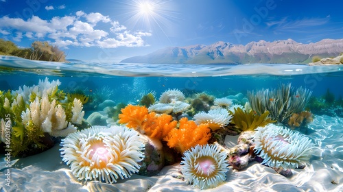 An ethereal underwater landscape featuring soft sunlight filtering through the clear blue water, illuminating a lush coral garden filled with vibrant sea anemones and swaying sea fans.