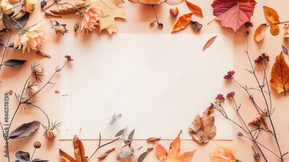 A white piece of paper with a frame of autumn leaves and flowers A white piece of paper with a frame of autumn leaves and flowers