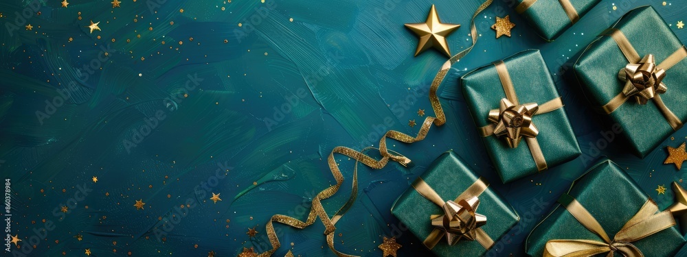 green gifts with golden bows and ribbons near stars green gifts with golden bows and ribbons near stars