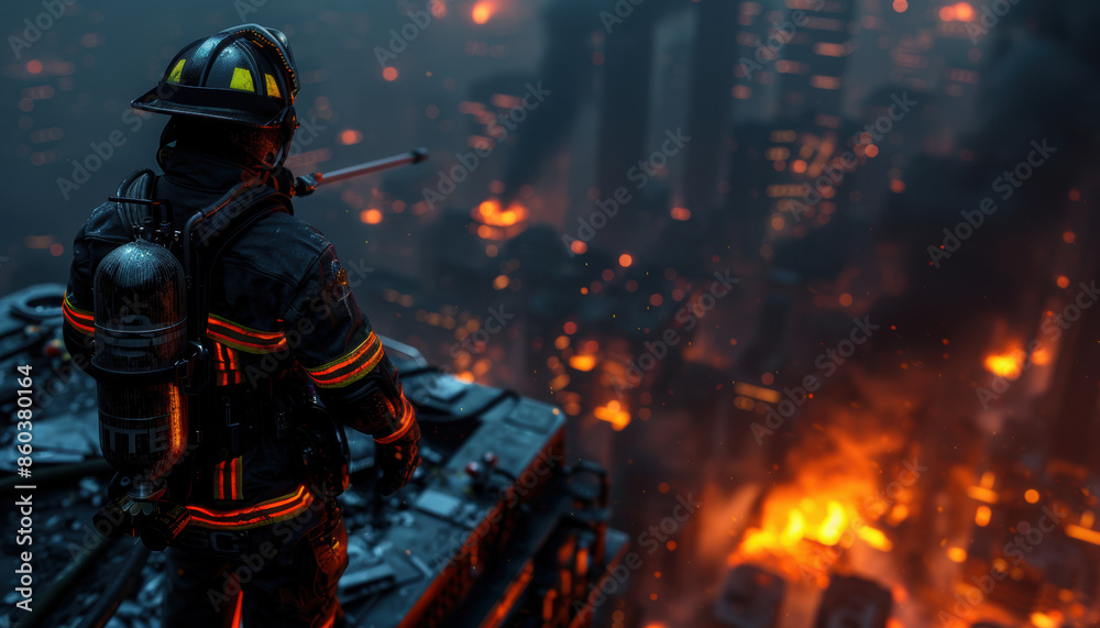 A firefighter is standing on a rooftop in front of a burning building A firefighter is standing on a rooftop in front of a burning building