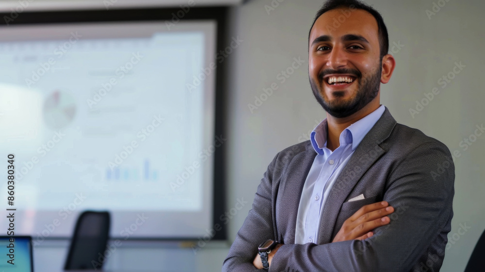 Happy Arab man speaking at a conference in a boardroom in a modern office. A young man of Muslim appearance works in a bright office. Public speaking concept. Happy Arab man speaking at a conference in a boardroom in a modern office. A young man of Muslim appearance works in a bright office. Public speaking concept.