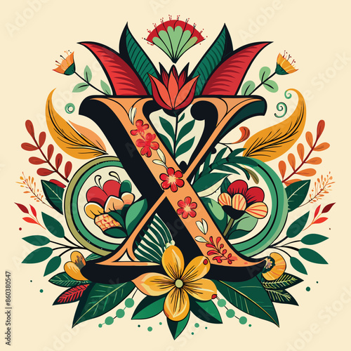 Colorful t-shirt design, featuring an ornate letter 'X' surrounded by vibrant flowers and intricate leaves. The style should be reminiscent of vintage botanical illustration. Ai generate 