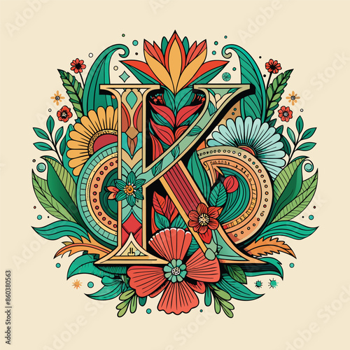 Colorful t-shirt design, featuring an ornate letter 'K' surrounded by vibrant flowers and intricate leaves. The style should be reminiscent of vintage botanical illustration. Ai generate 