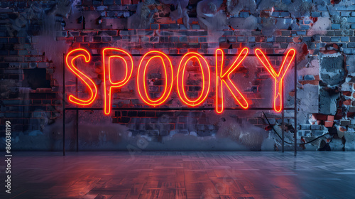 spooky neon sign in orange on a distressed brick wall setting