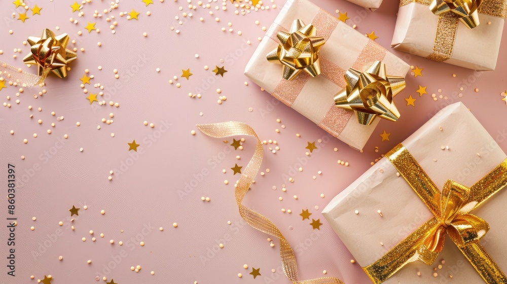 peach gifts with golden bows and ribbons  on pink 