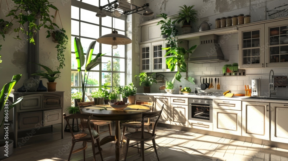 Naklejka premium 188. Kitchen with a dining table, chairs, and potted plants