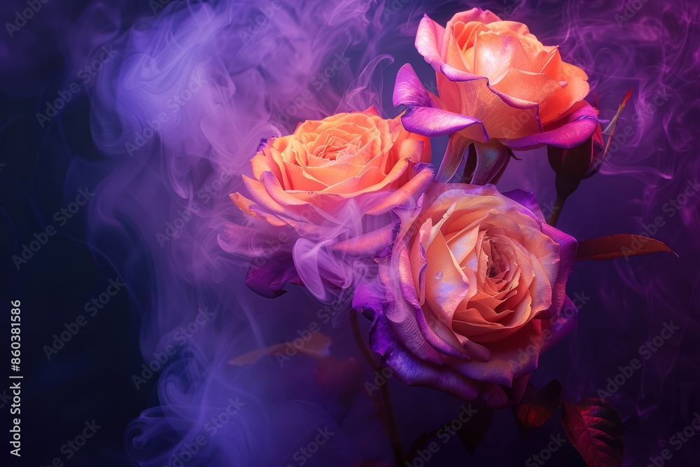 mystical roses enveloped in violet smoke on a dark background, halloween theme mystical roses enveloped in violet smoke on a dark background, halloween theme