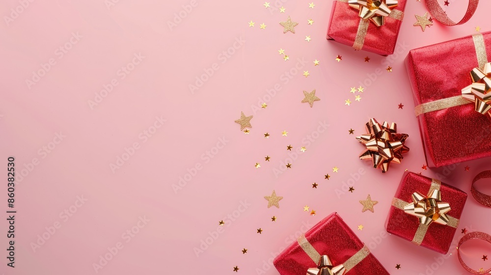 red gifts with golden bows and ribbons near stars red gifts with golden bows and ribbons near stars