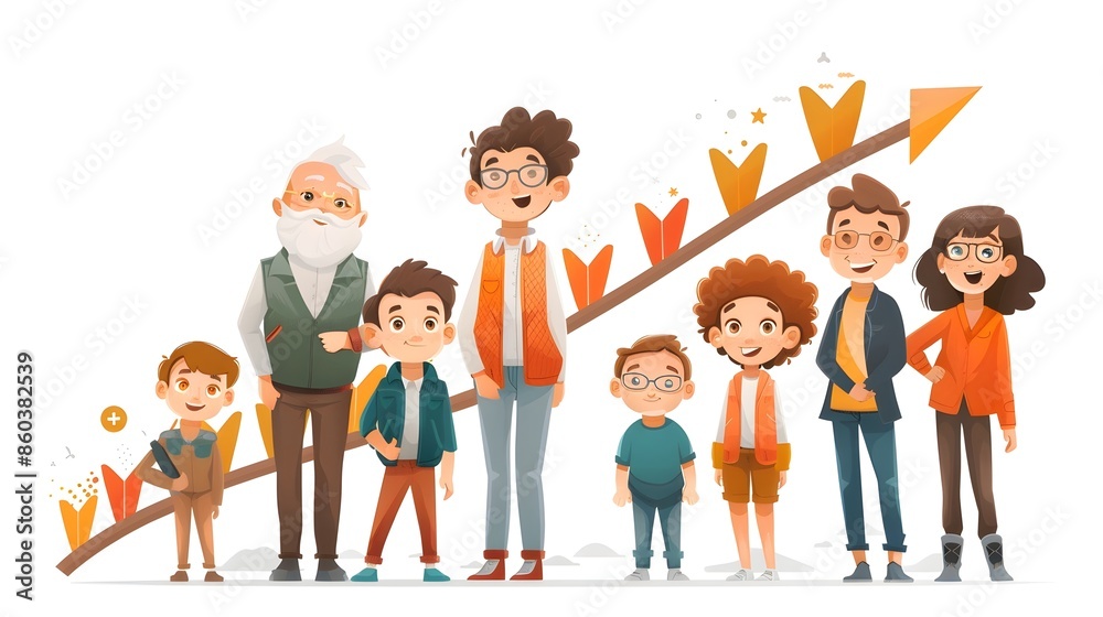 kids, mother, father, grandparents, young people, under a growing arrow. world population day, population and growth, different age limits of people, cartoon illustration kids, mother, father, grandparents, young people, under a growing arrow. world population day, population and growth, different age limits of people, cartoon illustration