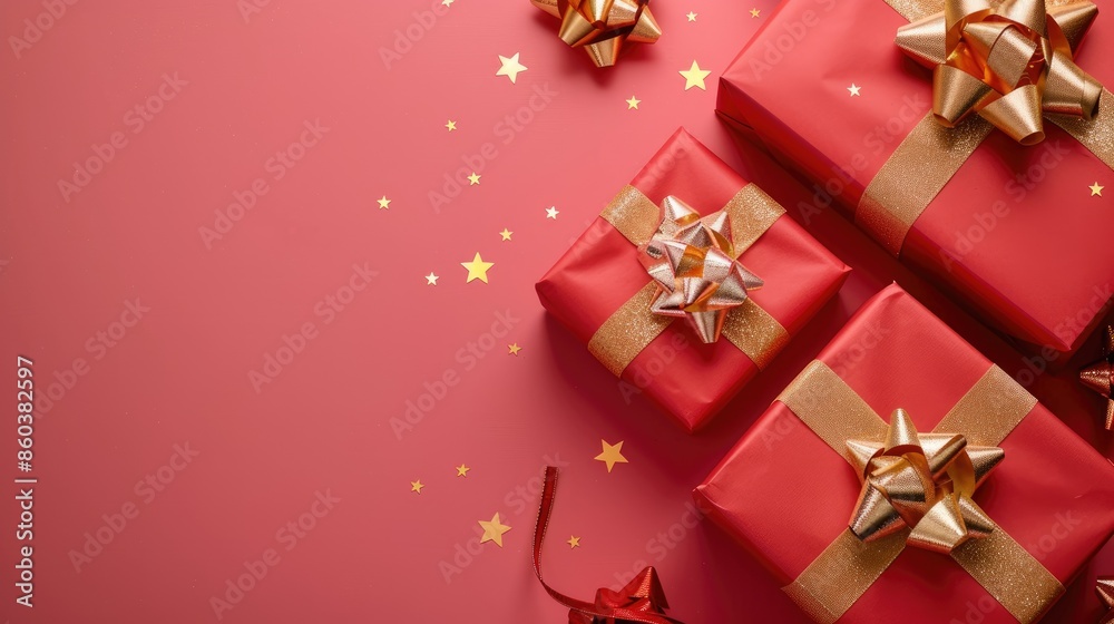 red gifts with golden bows and ribbons near stars red gifts with golden bows and ribbons near stars