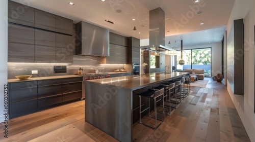 168. Modern kitchen with a sleek countertop and bar stools