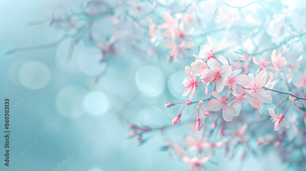 Beautiful soft spring background Pink flowers on cherry tree branch on blue and pearl pastel background soft focus macro Expressive artistic image of spring nature ultra wide format Co : Generative AI