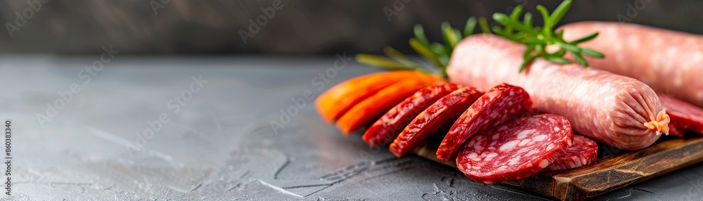 close-up of sliced salami and whole sausage on rustic wooden cutting board with rosemary close-up of sliced salami and whole sausage on rustic wooden cutting board with rosemary
