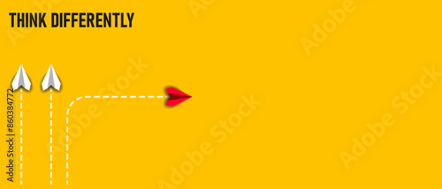 red paper plane that thinks differently than others. business creativity new idea discovery innovation technology. new year idea concept.	
